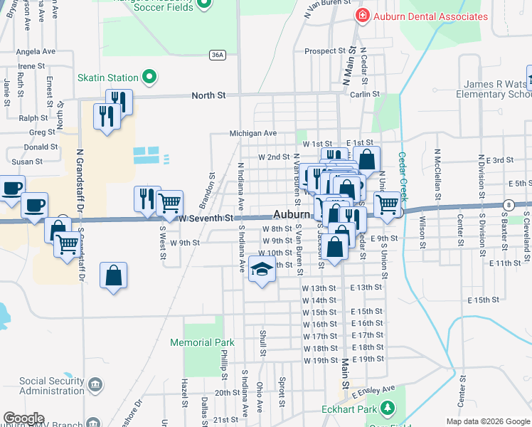 map of restaurants, bars, coffee shops, grocery stores, and more near 342 West 7th Street in Auburn