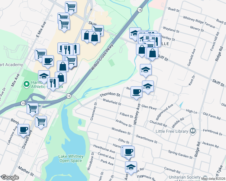 map of restaurants, bars, coffee shops, grocery stores, and more near 107 Thornton Street in Hamden