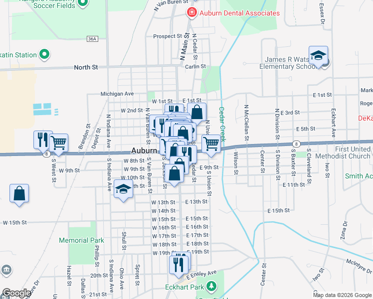 map of restaurants, bars, coffee shops, grocery stores, and more near 102 North Cedar Street in Auburn