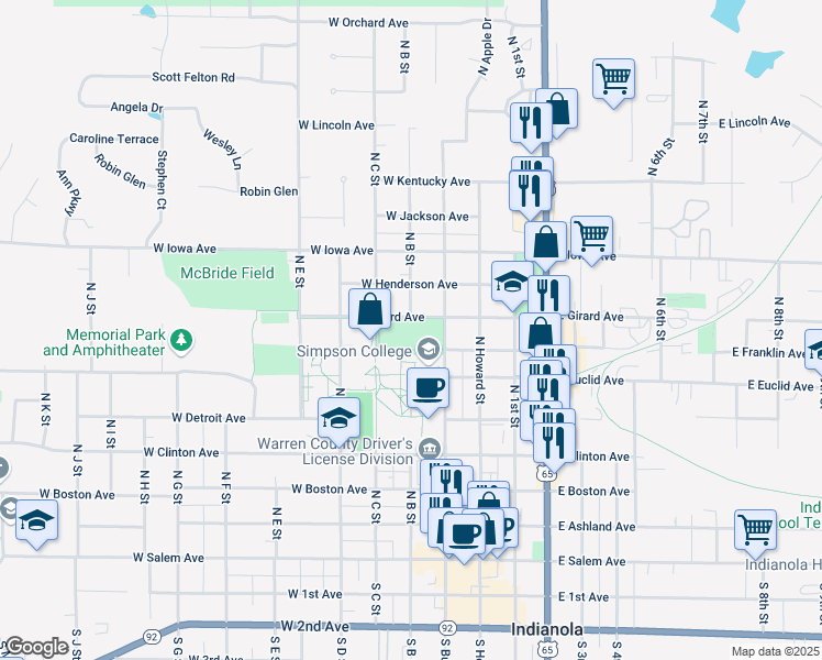 map of restaurants, bars, coffee shops, grocery stores, and more near 705 North Buxton Street in Indianola