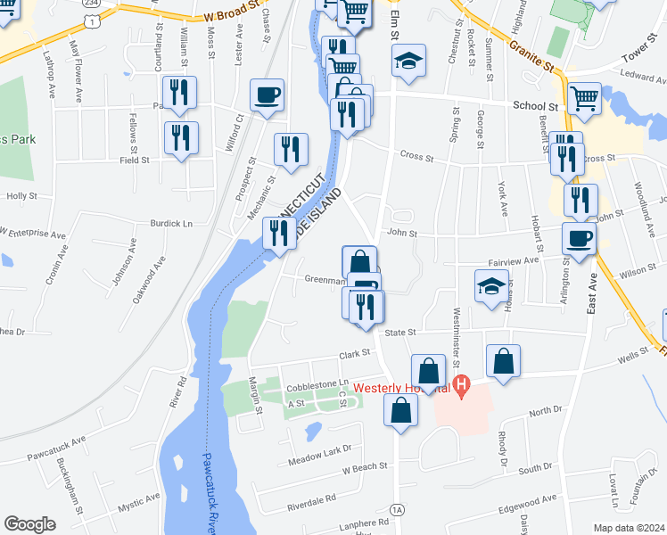 map of restaurants, bars, coffee shops, grocery stores, and more near 19 1/2 Greenman Avenue in Westerly