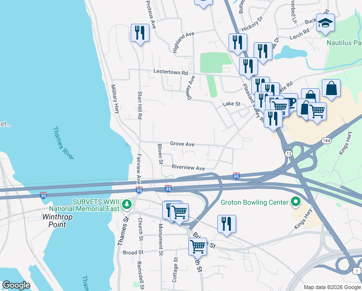 map of restaurants, bars, coffee shops, grocery stores, and more near 15 Fieldside Drive in Groton