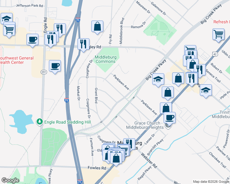 map of restaurants, bars, coffee shops, grocery stores, and more near 16455 Glenridge Avenue in Middleburg Heights