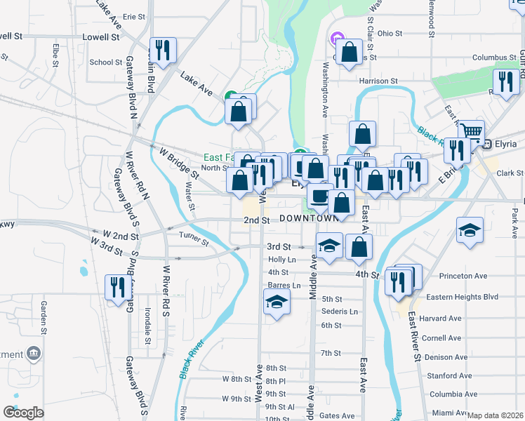 map of restaurants, bars, coffee shops, grocery stores, and more near 115 West Avenue in Elyria