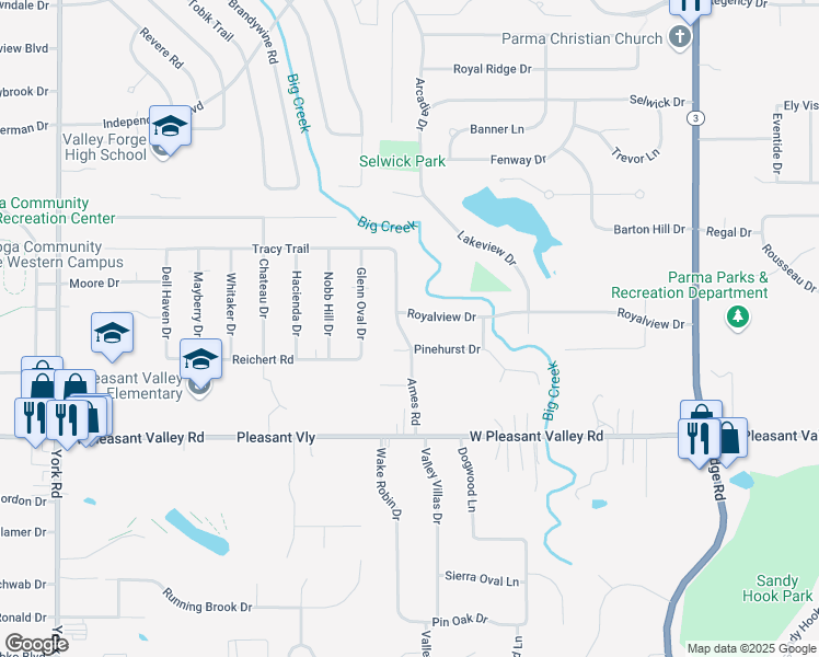 map of restaurants, bars, coffee shops, grocery stores, and more near 7339 Ames Road in Parma