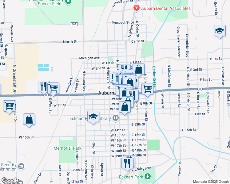 map of restaurants, bars, coffee shops, grocery stores, and more near 208 West 7th Street in Auburn