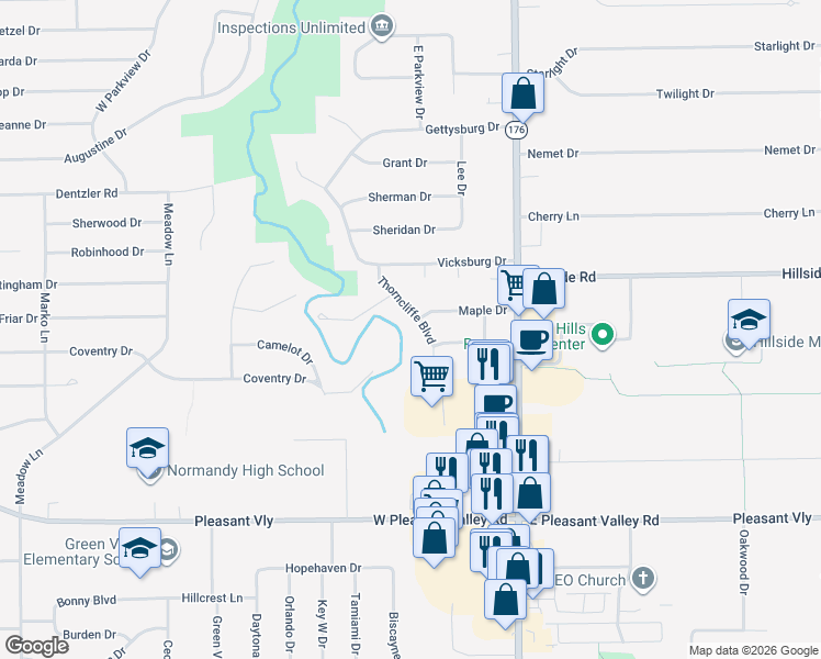map of restaurants, bars, coffee shops, grocery stores, and more near 7318 Thorncliffe Boulevard in Parma