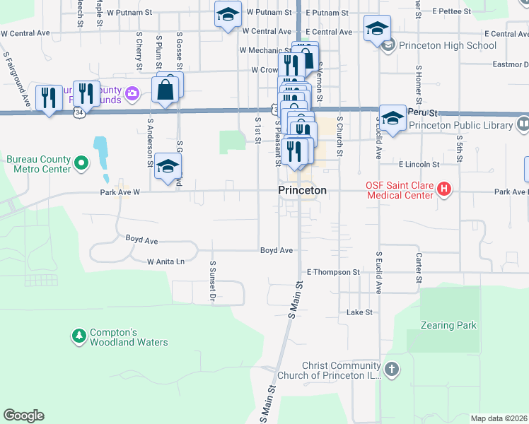 map of restaurants, bars, coffee shops, grocery stores, and more near 729 South 1st Street in Princeton