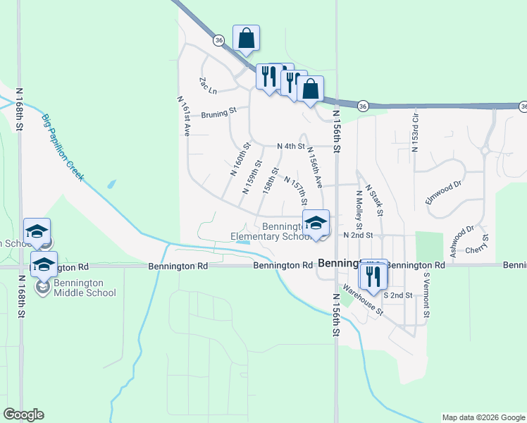 map of restaurants, bars, coffee shops, grocery stores, and more near 11802 North 158th Street in Bennington