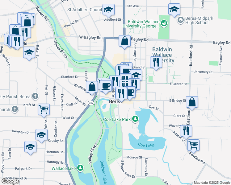 map of restaurants, bars, coffee shops, grocery stores, and more near 46 West Bridge Street in Berea
