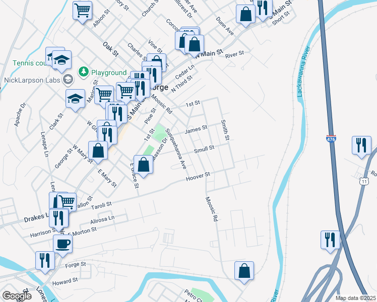 map of restaurants, bars, coffee shops, grocery stores, and more near 239 Susquehanna Avenue in Old Forge