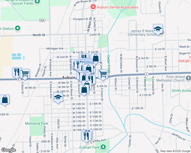 map of restaurants, bars, coffee shops, grocery stores, and more near 102 North Cedar Street in Auburn