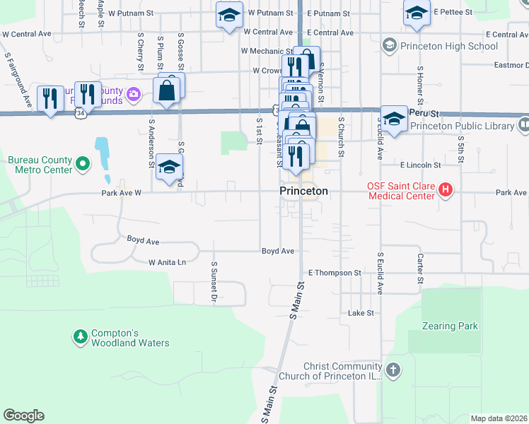 map of restaurants, bars, coffee shops, grocery stores, and more near 729 South 1st Street in Princeton