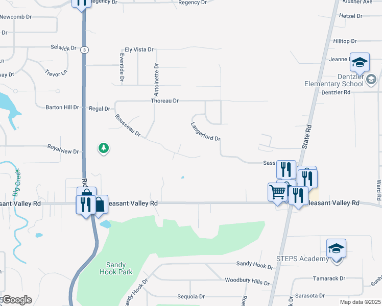 map of restaurants, bars, coffee shops, grocery stores, and more near 5900 Rousseau Drive in Parma