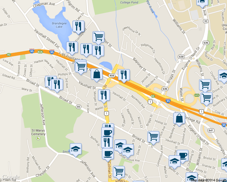 map of restaurants, bars, coffee shops, grocery stores, and more near 339 Vauxhall St in New London
