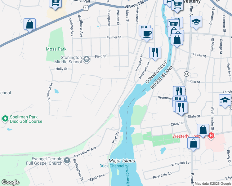 map of restaurants, bars, coffee shops, grocery stores, and more near 8 Oakwood Avenue in Stonington