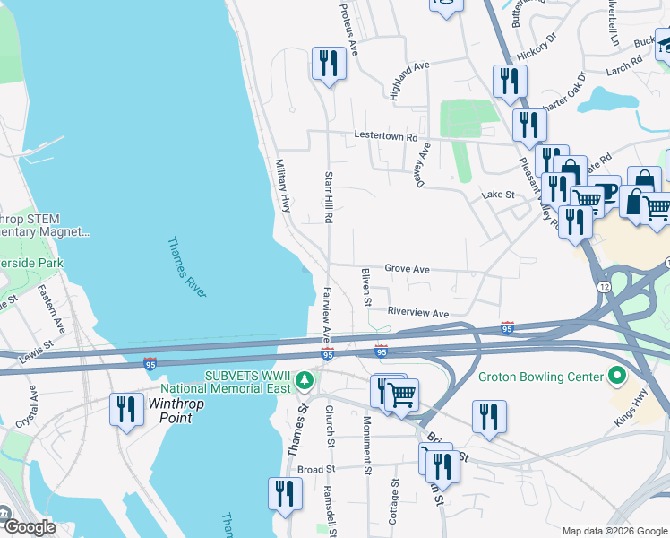 map of restaurants, bars, coffee shops, grocery stores, and more near 11 Grove Avenue in Groton