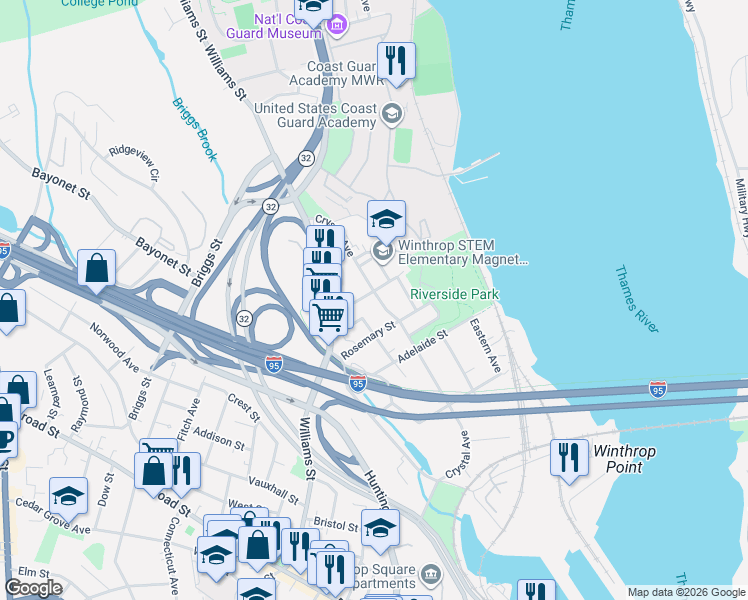 map of restaurants, bars, coffee shops, grocery stores, and more near 242 Crystal Avenue in New London