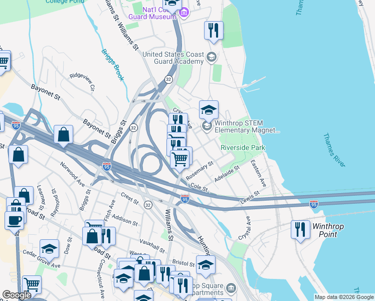 map of restaurants, bars, coffee shops, grocery stores, and more near 447 Williams Street in New London