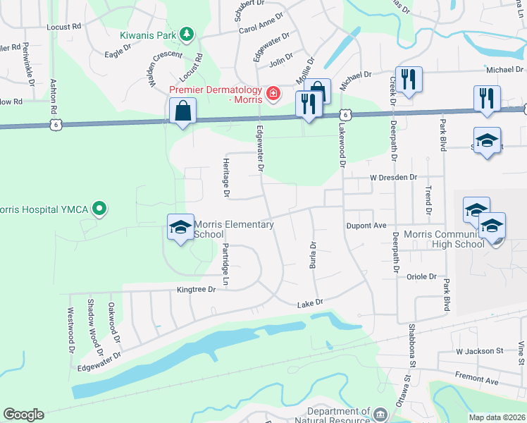 map of restaurants, bars, coffee shops, grocery stores, and more near 1156 Edgewater Drive in Morris