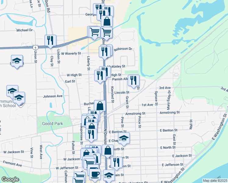 map of restaurants, bars, coffee shops, grocery stores, and more near 1203 Kiersted Street in Morris