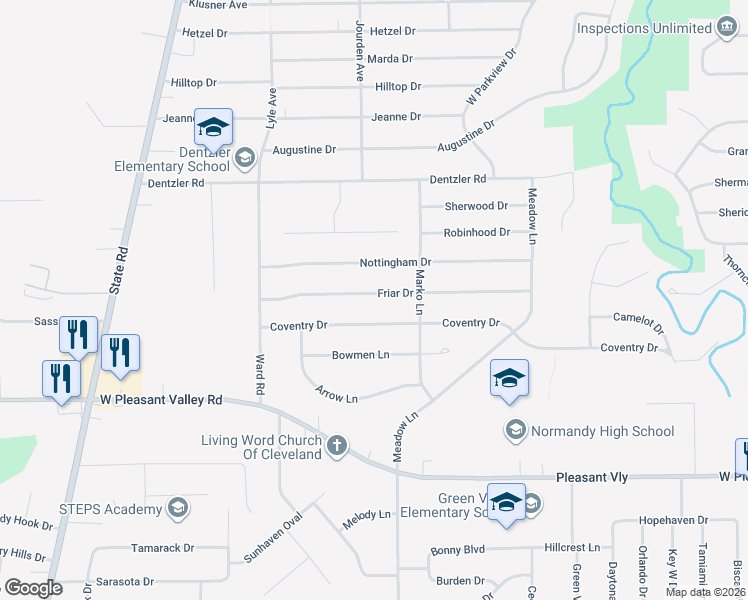 map of restaurants, bars, coffee shops, grocery stores, and more near 3111 Friar Drive in Parma