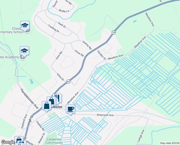 map of restaurants, bars, coffee shops, grocery stores, and more near 35 Meadow Avenue in Chester