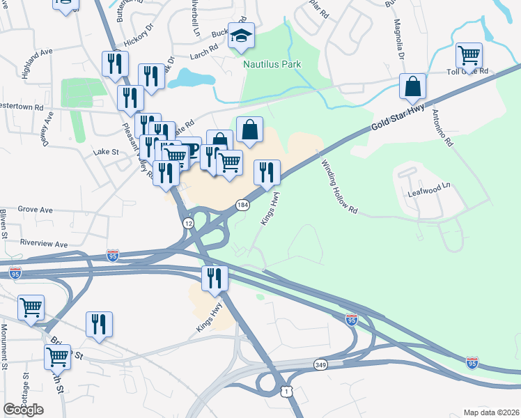 map of restaurants, bars, coffee shops, grocery stores, and more near 135 Kings Highway in Groton