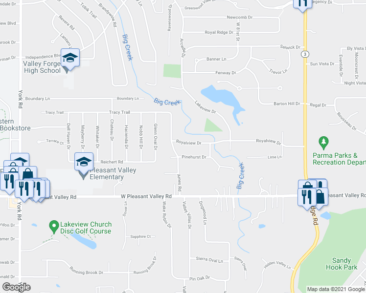 map of restaurants, bars, coffee shops, grocery stores, and more near 8797 Royalview Drive in Parma