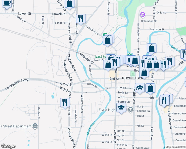 map of restaurants, bars, coffee shops, grocery stores, and more near 121 Water Street in Elyria
