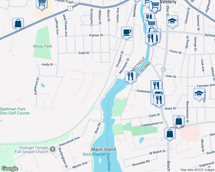 map of restaurants, bars, coffee shops, grocery stores, and more near 167 Mechanic Street in Stonington