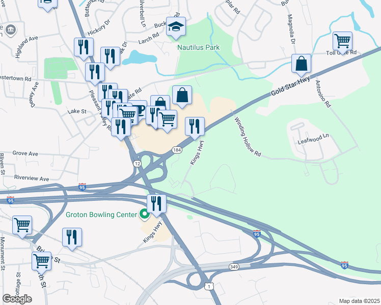 map of restaurants, bars, coffee shops, grocery stores, and more near 135 Kings Highway in Groton