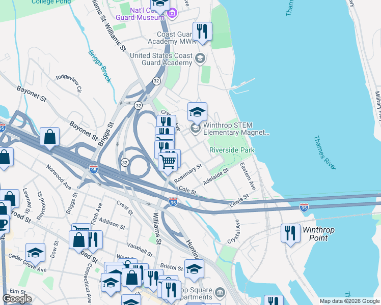 map of restaurants, bars, coffee shops, grocery stores, and more near 33 Grove Street in New London