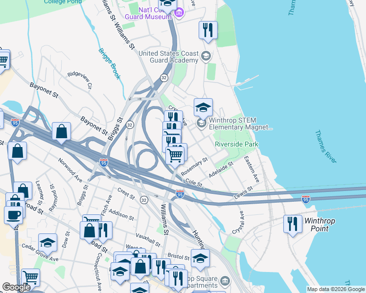 map of restaurants, bars, coffee shops, grocery stores, and more near 447 Williams Street in New London