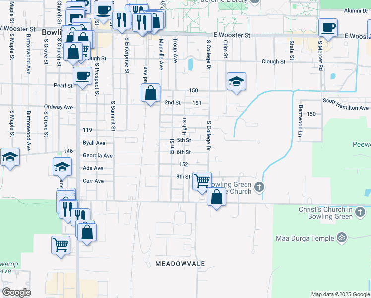 map of restaurants, bars, coffee shops, grocery stores, and more near 724 6th Street in Bowling Green