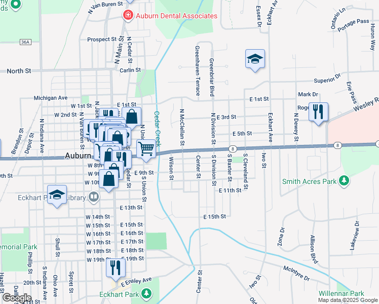 map of restaurants, bars, coffee shops, grocery stores, and more near 101-137 S McClellan St in Auburn