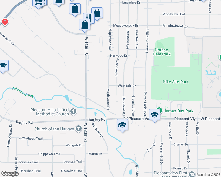 map of restaurants, bars, coffee shops, grocery stores, and more near 7293 Maplewood Road in Parma