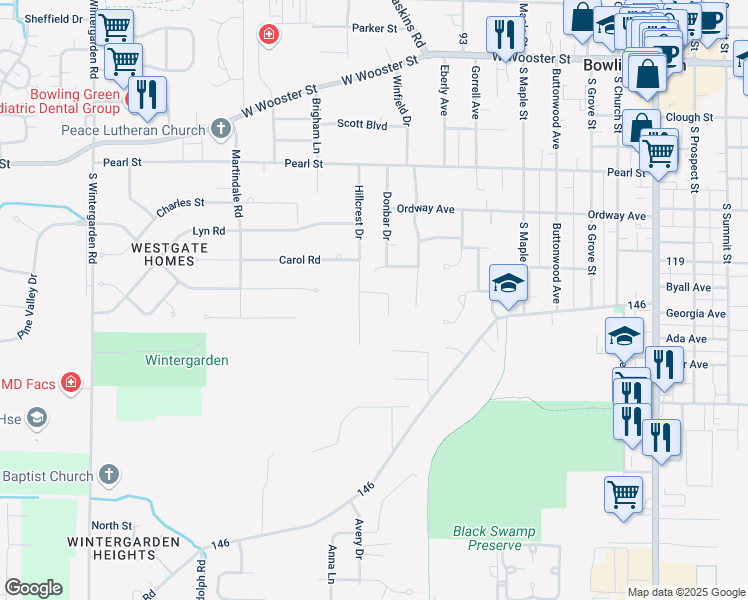 map of restaurants, bars, coffee shops, grocery stores, and more near 6 Parkwood Drive in Bowling Green