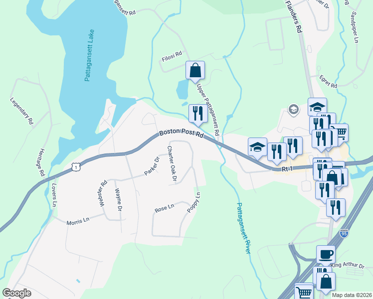 map of restaurants, bars, coffee shops, grocery stores, and more near 62 Charter Oak Drive in East Lyme