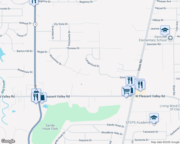 map of restaurants, bars, coffee shops, grocery stores, and more near 5600 Rousseau Drive in Parma