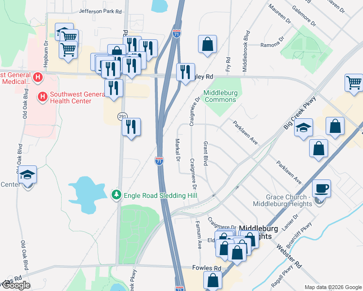 map of restaurants, bars, coffee shops, grocery stores, and more near 7314 Craigmere Drive in Middleburg Heights