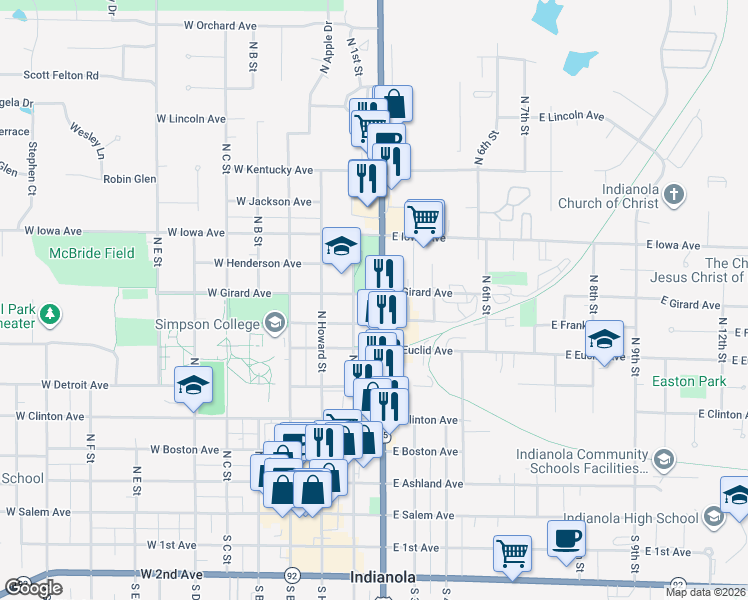 map of restaurants, bars, coffee shops, grocery stores, and more near 700 North Jefferson Way in Indianola