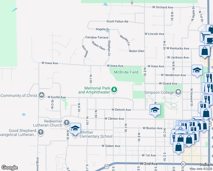 map of restaurants, bars, coffee shops, grocery stores, and more near 703 North G Street in Indianola