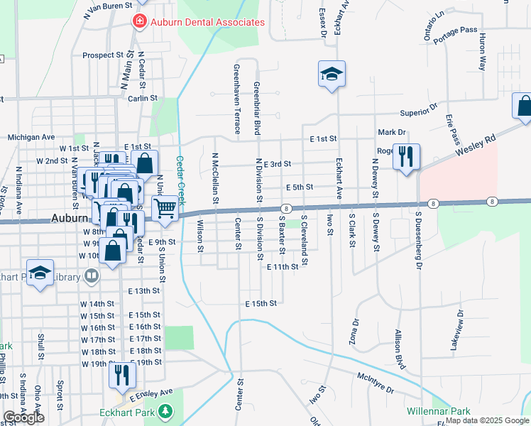 map of restaurants, bars, coffee shops, grocery stores, and more near 709 East 7th Street in Auburn