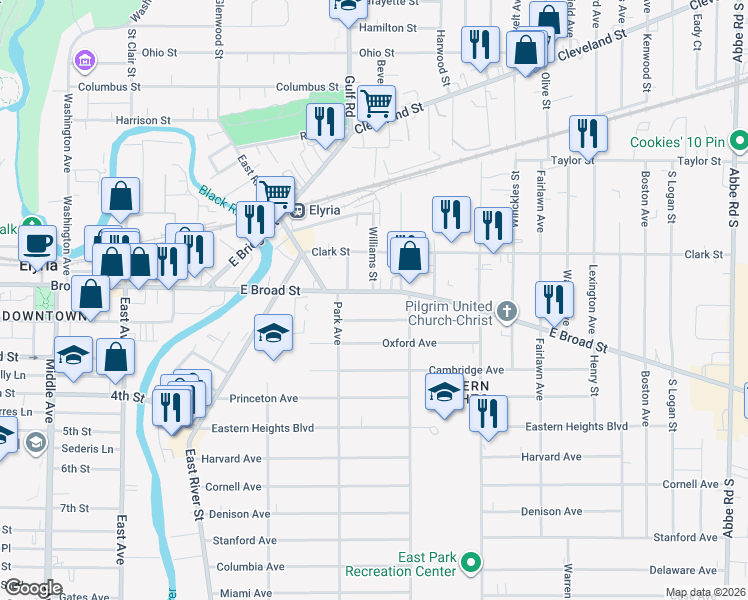 map of restaurants, bars, coffee shops, grocery stores, and more near 229 East Broad Street in Elyria