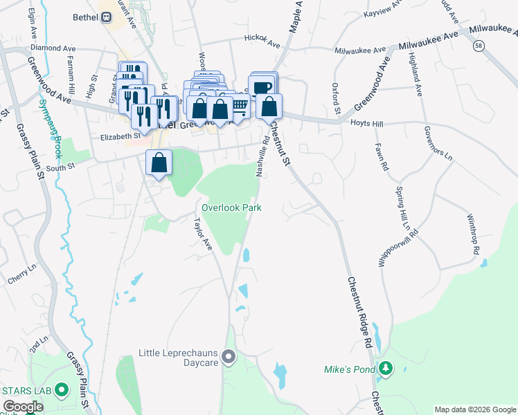 map of restaurants, bars, coffee shops, grocery stores, and more near 52 Nashville Road in Bethel