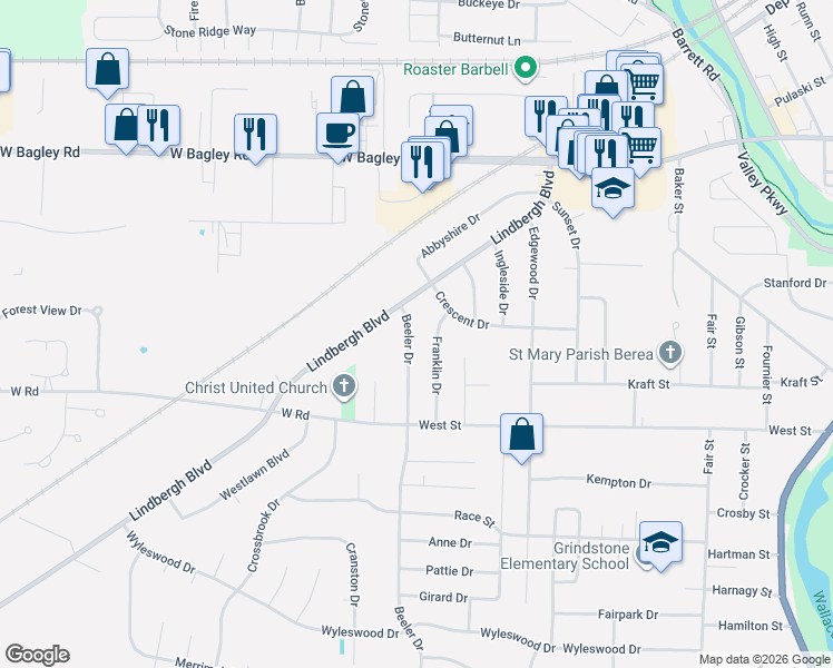 map of restaurants, bars, coffee shops, grocery stores, and more near 210 Franklin Drive in Berea