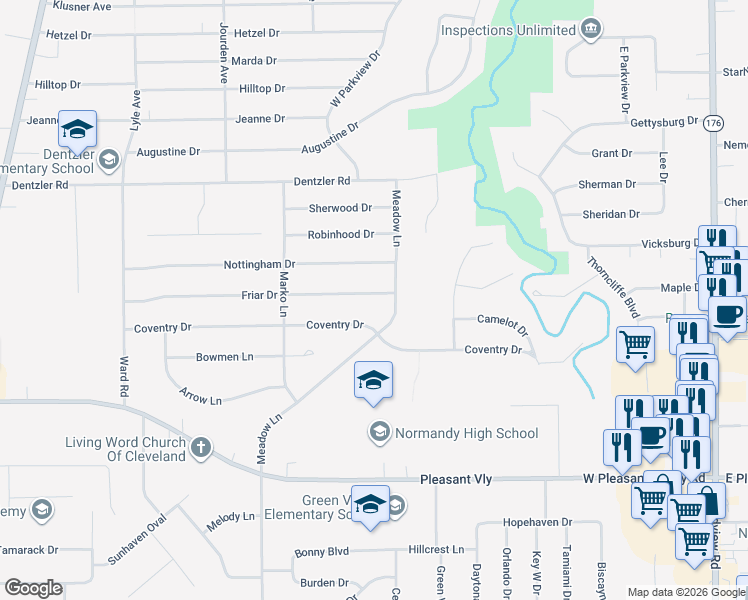 map of restaurants, bars, coffee shops, grocery stores, and more near 2507 Friar Drive in Parma