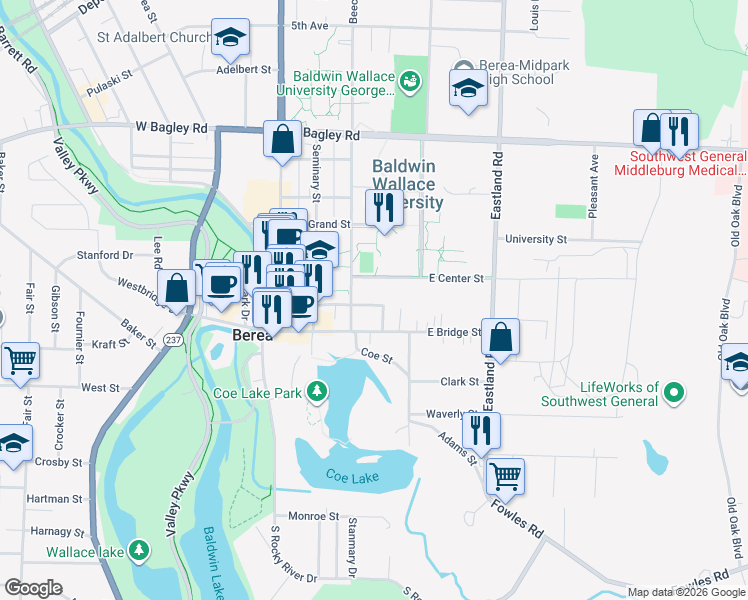 map of restaurants, bars, coffee shops, grocery stores, and more near 105 Church Street in Berea