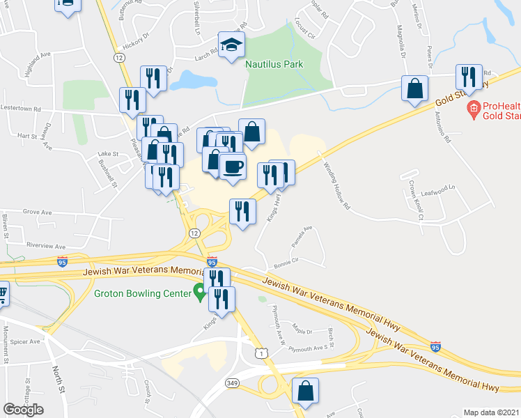 map of restaurants, bars, coffee shops, grocery stores, and more near 135 Kings Highway in Groton